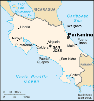 Map showing Parismina, Costa Rica